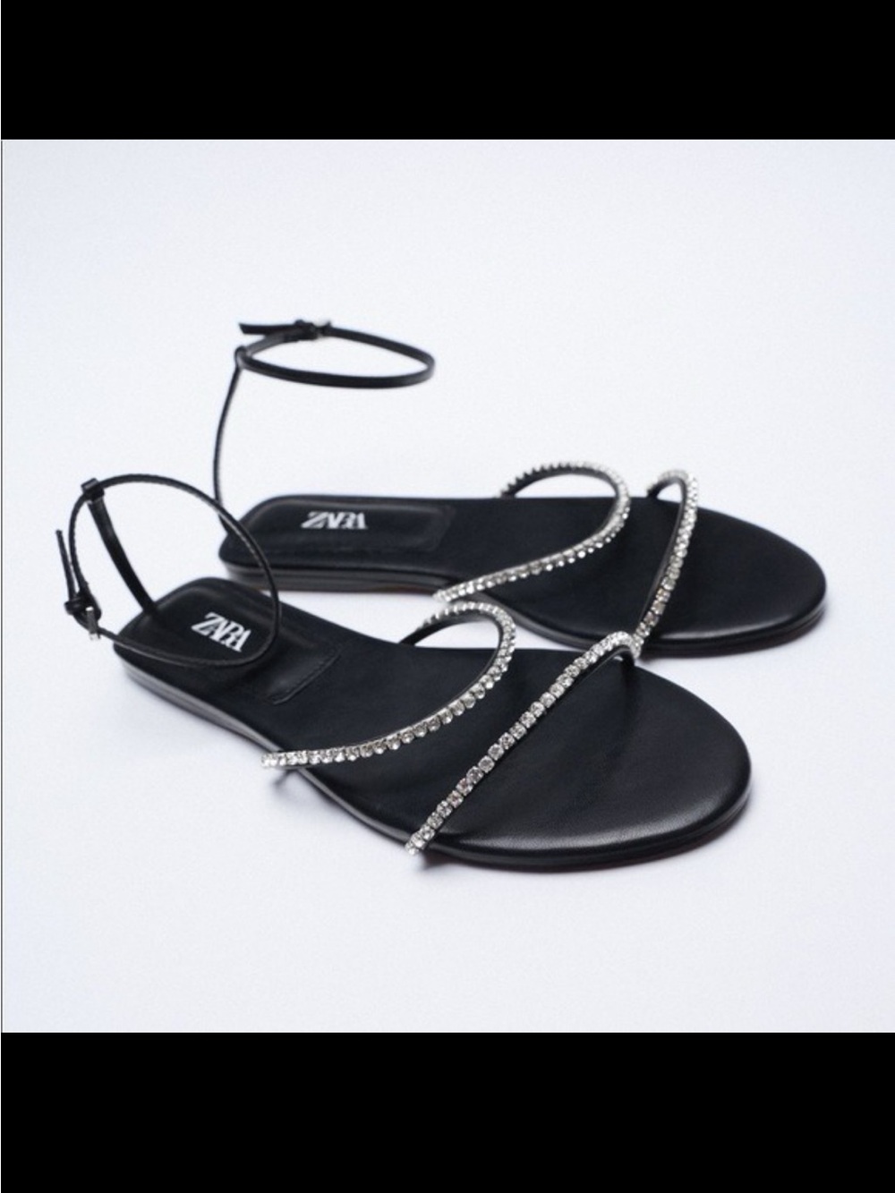 Zara Black Crystal-Strap Ankle-Secured Flat Sandals